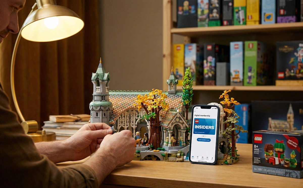 Construction d'un set LEGO adulte avec l'application LEGO Insiders ouverte.