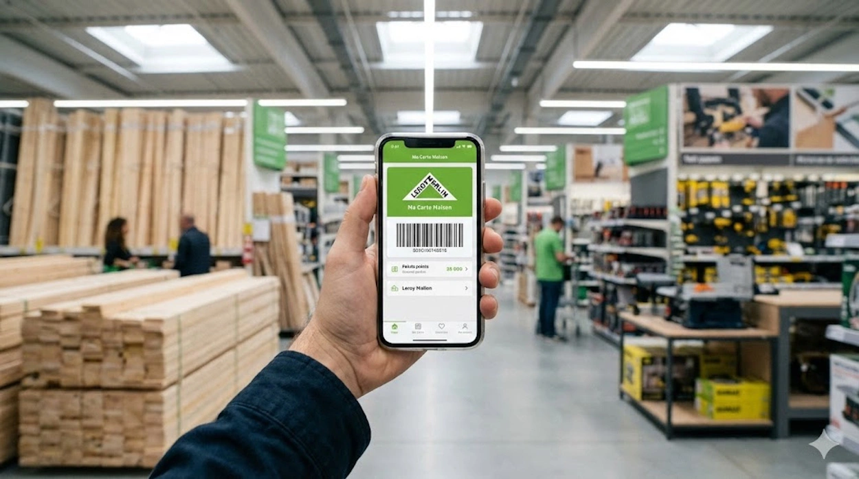 Application Leroy Merlin centrée affichant la carte de fidélité numérique pour les projets maison