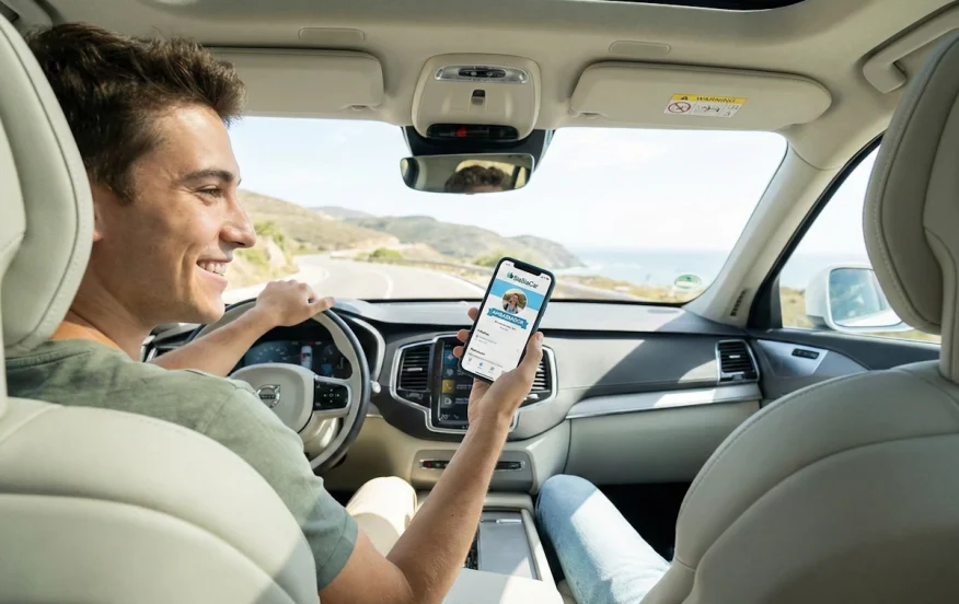 Conducteur souriant montrant son profil Ambassadeur sur l'application BlaBlaCar.