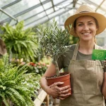 Jardinier tenant une carte de fidélité Gamm vert dans une serre remplie de plantes.