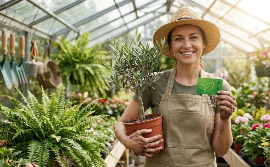 Jardinier tenant une carte de fidélité Gamm vert dans une serre remplie de plantes.