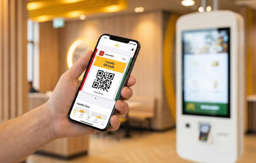 Un smartphone affichant le QR code de fidélité McDo+ devant une borne de commande McDonald's