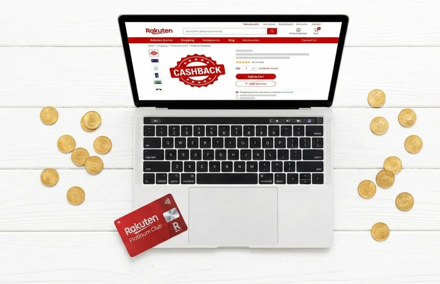 Ordinateur affichant le programme de fidélité Club R Rakuten et des pièces symbolisant le cashback.