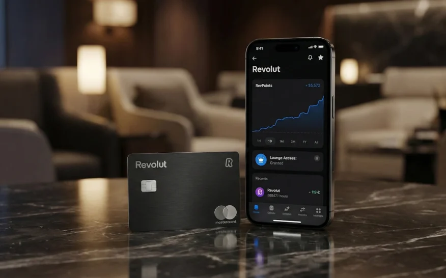 Carte bancaire Revolut Metal noire posée sur une table avec application mobile.