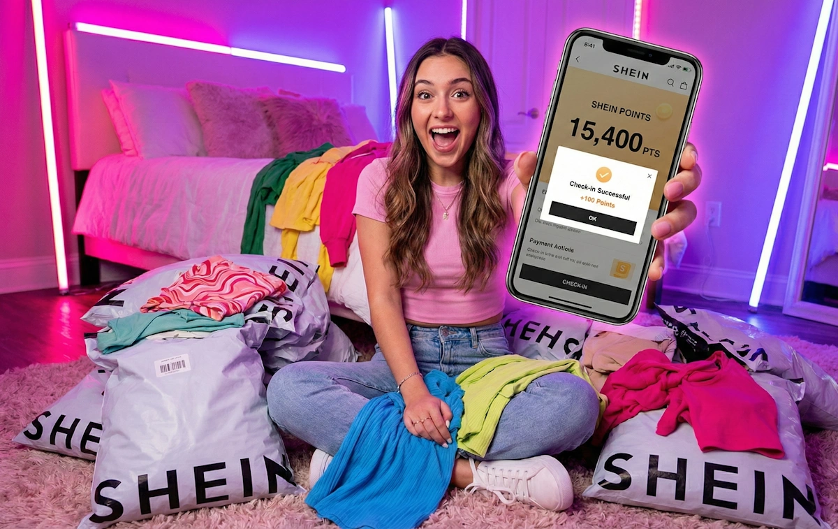 Influenceuse montrant son solde de points Shein sur smartphone avec plein de vêtements.
