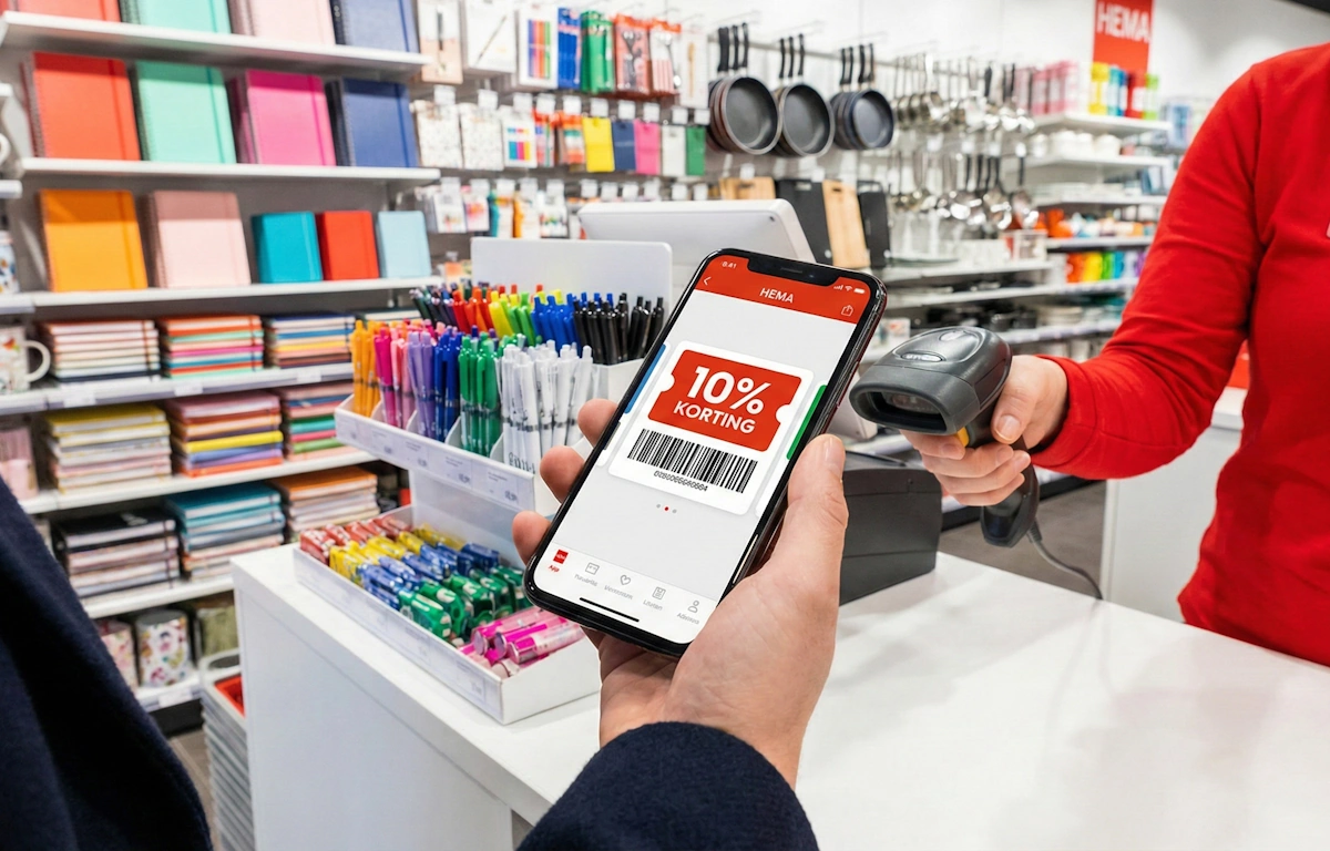 Application HEMA extras affichant un bon de réduction en caisse.