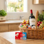 Gros plan sur une carte de fidélité Auchan Waaoh posée à côté d'un panier de Pâques garni.