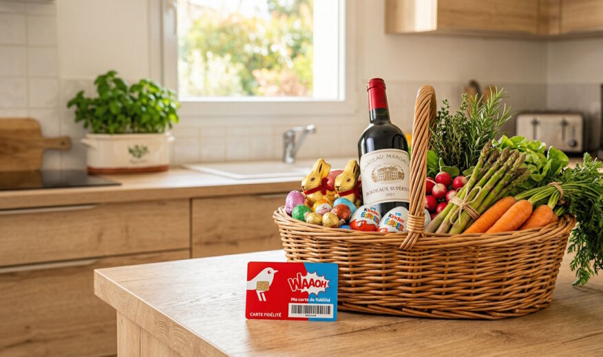 Gros plan sur une carte de fidélité Auchan Waaoh posée à côté d'un panier de Pâques garni.