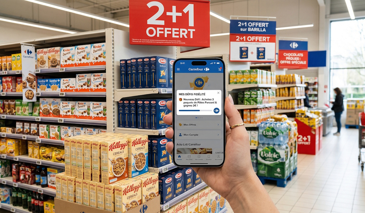 Illustration d'un smartphone affichant l'application Carrefour devant une allée de supermarché avec des offres 2+1 offert.