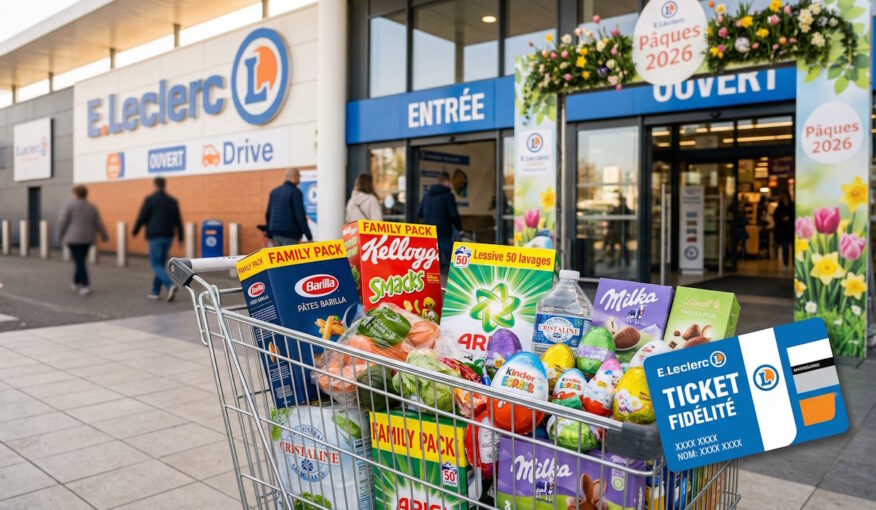 Caddie rempli de produits en gros volumes devant un magasin E.Leclerc avec des décorations printanières.
