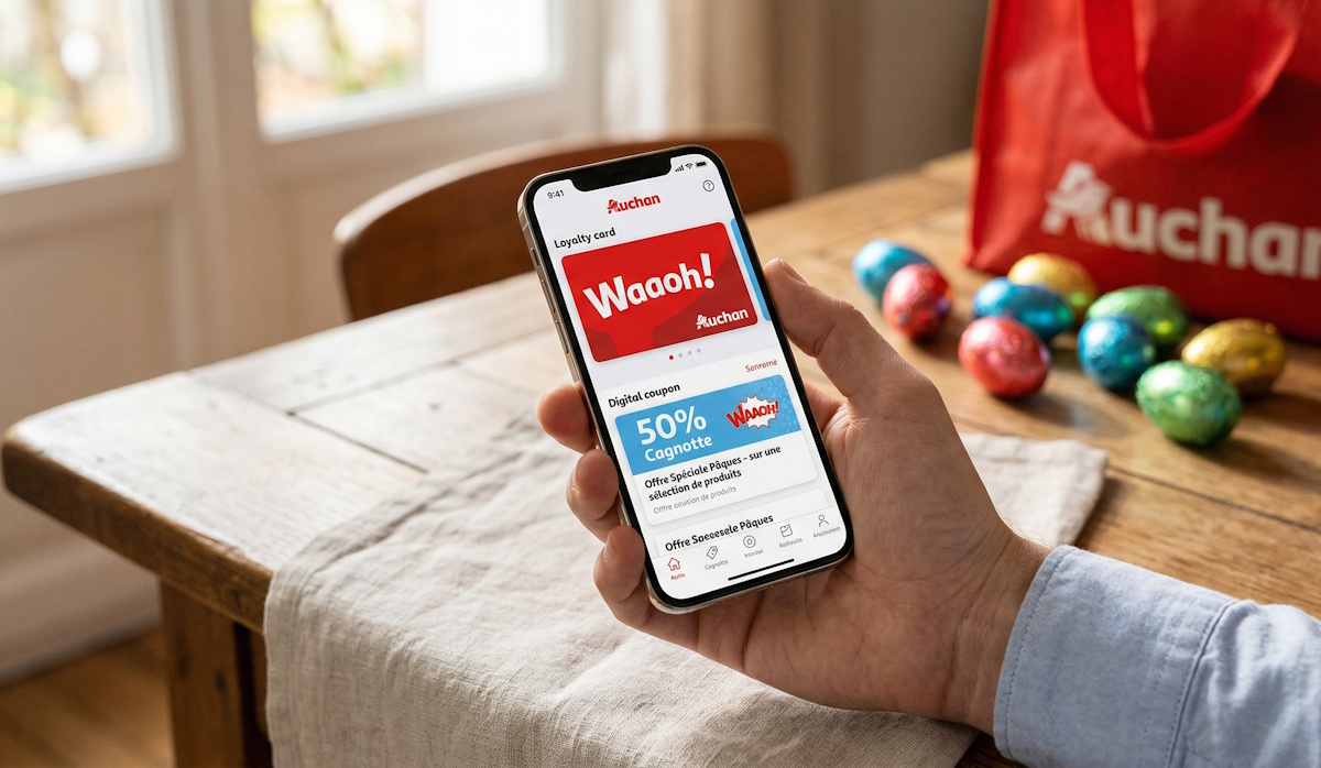 Application Auchan affichant la cagnotte Waaoh et des remises pour Pâques sur un smartphone.