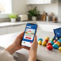 Application Carrefour affichant les Défis du mois et des réductions pour Pâques sur un smartphone.