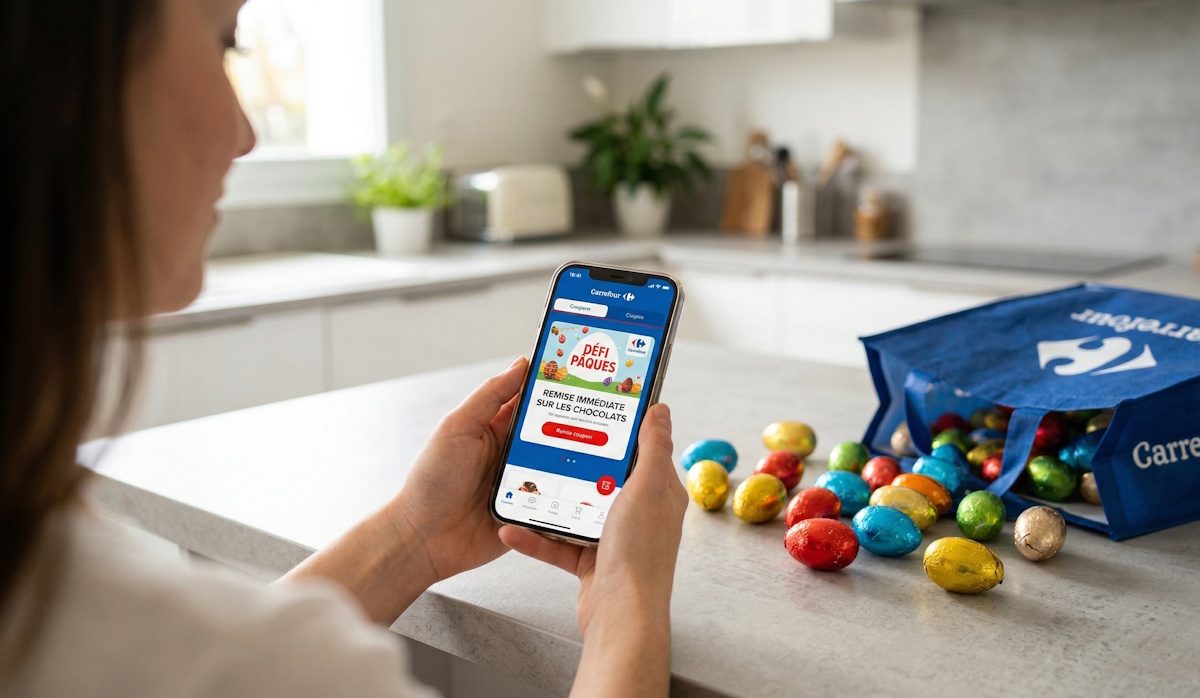 Application Carrefour affichant les Défis du mois et des réductions pour Pâques sur un smartphone.