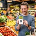 Client utilisant l'application de fidélité Grand Frais sur son smartphone dans le rayon primeur du supermarché.