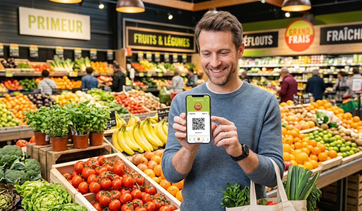 Client utilisant l'application de fidélité Grand Frais sur son smartphone dans le rayon primeur du supermarché.