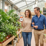 Couple utilisant la carte de fidélité Jardiland "Ma J carte" sur smartphone en magasin.