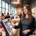 Cliente souriante utilisant l'application de fidélité Kiko Me pour scanner son ID membre dans une boutique cosmétique dématérialisée.