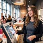 Cliente souriante utilisant l'application de fidélité Kiko Me pour scanner son ID membre dans une boutique cosmétique dématérialisée.