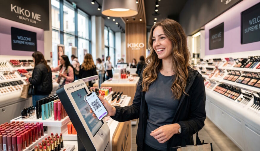 Cliente souriante utilisant l'application de fidélité Kiko Me pour scanner son ID membre dans une boutique cosmétique dématérialisée.