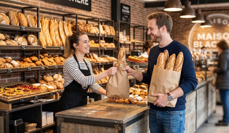 Client souriant profitant de l'offre 4 baguettes pour le prix de 3 dans une boulangerie Marie Blachère.
