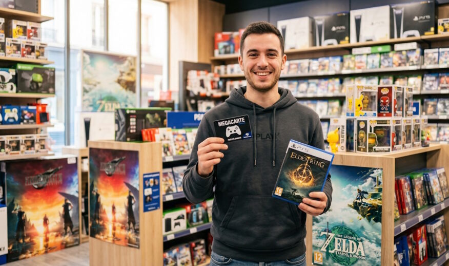 Joueur souriant utilisant sa carte de fidélité Mégacarte dans une boutique de jeux vidéo.
