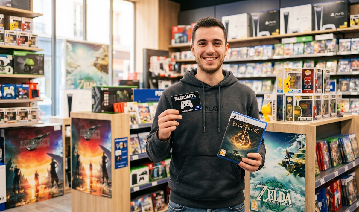 Joueur souriant utilisant sa carte de fidélité Mégacarte dans une boutique de jeux vidéo.