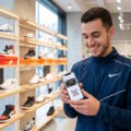 Client souriant utilisant l'application de fidélité Nike "Accès Membre" sur son smartphone dans une boutique de sport.