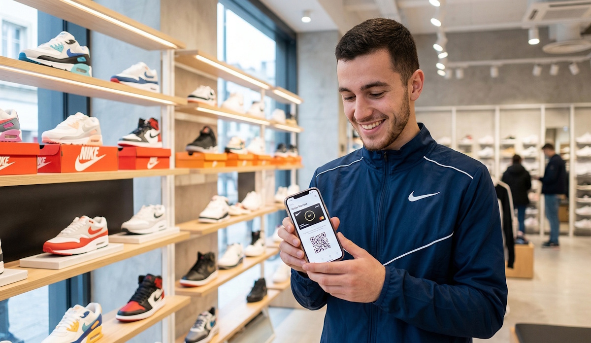 Client souriant utilisant l'application de fidélité Nike "Accès Membre" sur son smartphone dans une boutique de sport.