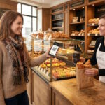 Cliente souriante scannant son application de fidélité Paul au comptoir d'une boulangerie pour obtenir un café gratuit.