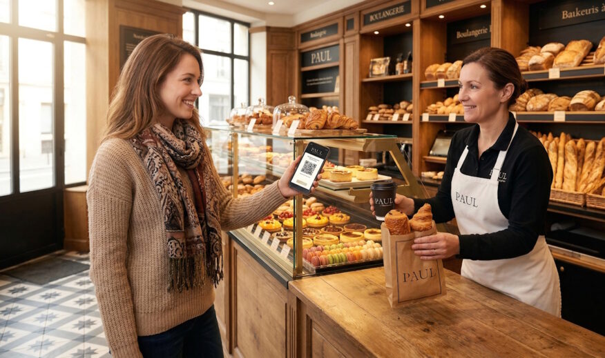 Cliente souriante scannant son application de fidélité Paul au comptoir d'une boulangerie pour obtenir un café gratuit.