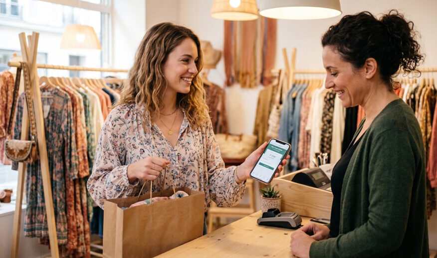 Cliente utilisant son compte fidélité Promod Club sur son smartphone en boutique.