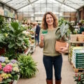 Cliente souriante utilisant sa carte de fidélité Truffaut dans le rayon des plantes d'intérieur.