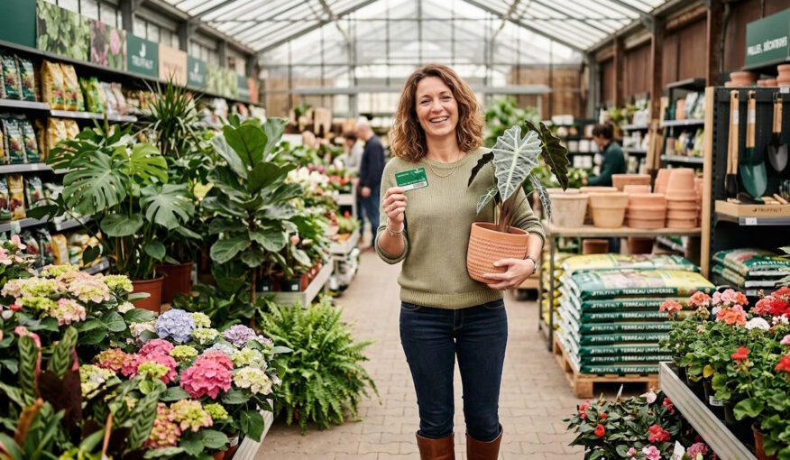 Cliente souriante utilisant sa carte de fidélité Truffaut dans le rayon des plantes d'intérieur.