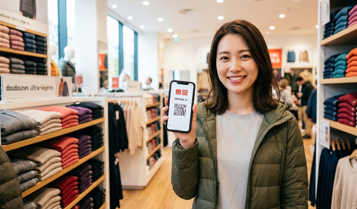 Cliente souriante utilisant l'application de fidélité Uniqlo pour scanner son ID membre dans une boutique dématérialisée.