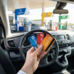 Main d'un professionnel tenant des cartes carburant devant le volant d'un véhicule utilitaire.