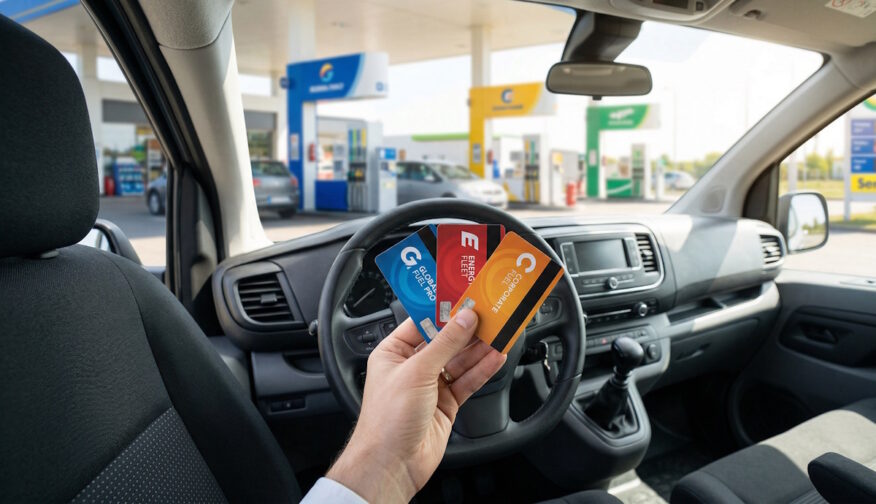 Main d'un professionnel tenant des cartes carburant devant le volant d'un véhicule utilitaire.
