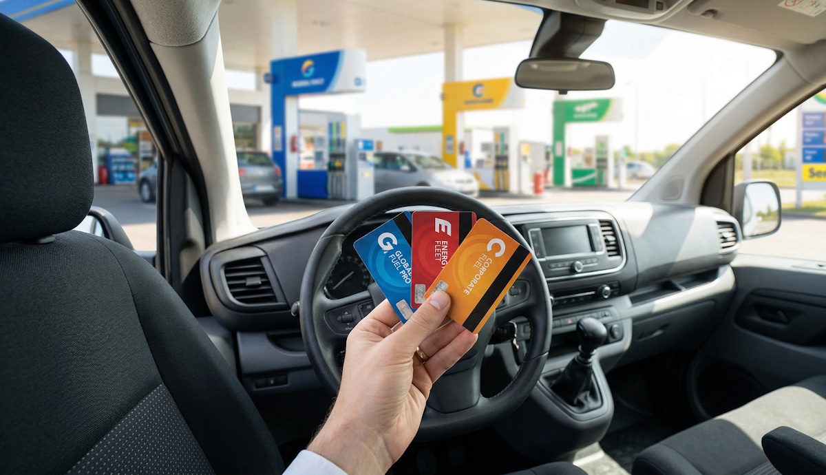 Main d'un professionnel tenant des cartes carburant devant le volant d'un véhicule utilitaire.