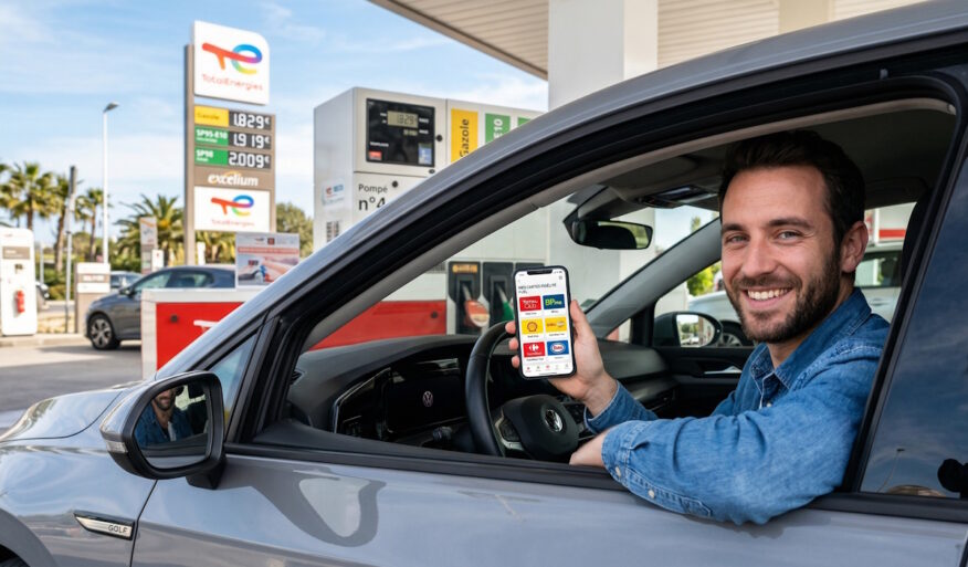 utomobiliste comparant ses applications et cartes de fidélité carburant sur son smartphone en station-service.