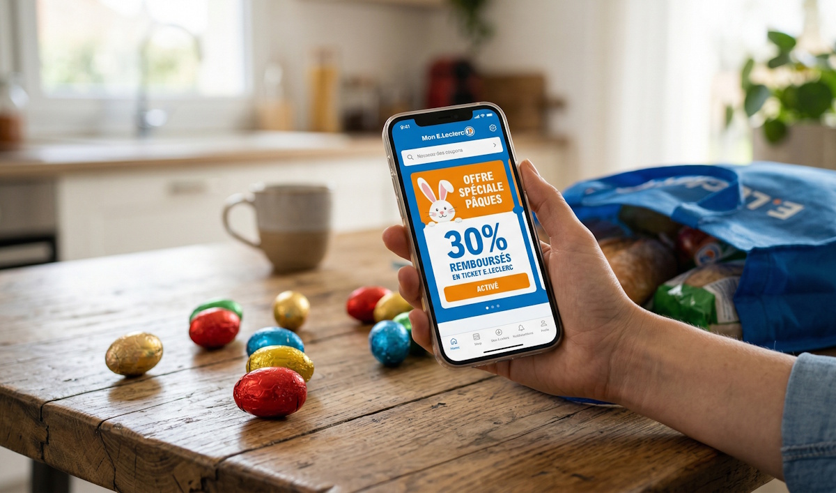 Smartphone affichant l'application E.Leclerc et la cagnotte Tickets E.Leclerc avec des chocolats de Pâques.