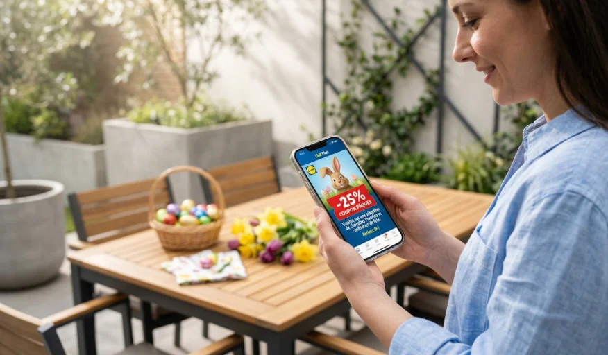Application Lidl Plus affichant des coupons de réduction pour Pâques sur un smartphone.
