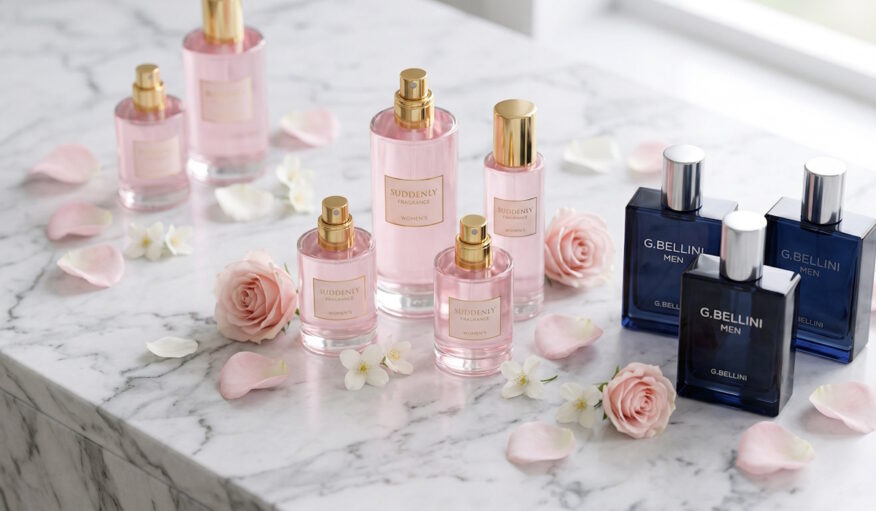 Flacons de parfums Suddenly et G. Bellini de Lidl posés sur une étagère élégante, imitant des parfums de luxe.