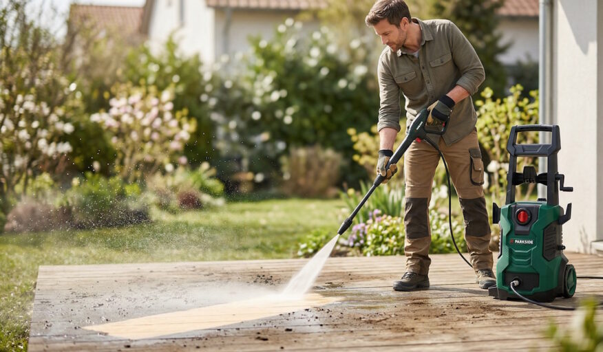 Homme nettoyant sa terrasse en bois avec le nettoyeur haute pression Parkside vert et noir.