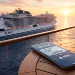 Carte de fidélité MSC Voyagers Club sur un smartphone lors d'une croisière luxueuse au coucher du soleil.