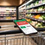 Smartphone affichant l'application de fidélité Casino Max posé sur un chariot de supermarché, avec un solde de cagnotte en euros.