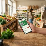 Smartphone affichant l'application de fidélité Naturalia avec solde de points dans un magasin bio.