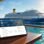 Interface du programme de fidélité C-Club de Costa Croisières sur une tablette face à la mer.