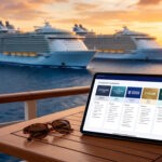Tablette affichant un comparatif des cartes de fidélité de croisières (MSC, Costa, Royal Caribbean) sur le balcon d'un navire au coucher du soleil.