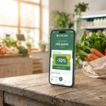 Smartphone affichant le solde de points du programme de fidélité La Vie Claire sur un comptoir en bois avec des produits bio.