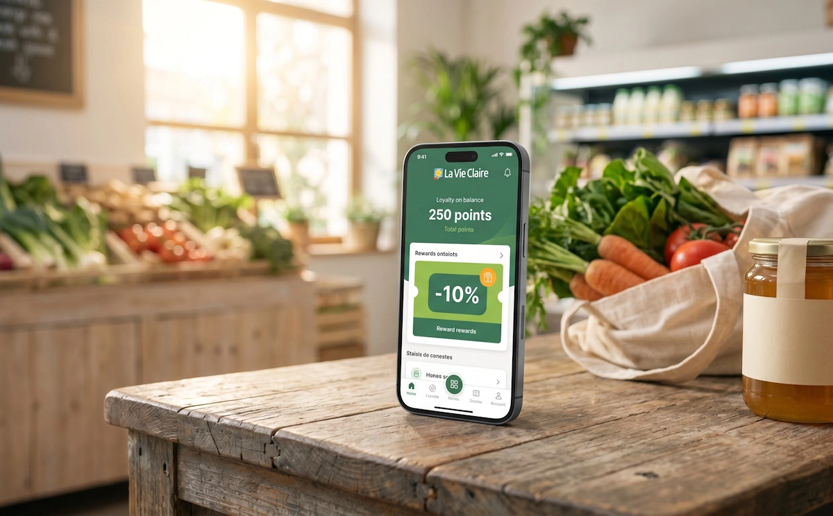 Smartphone affichant le solde de points du programme de fidélité La Vie Claire sur un comptoir en bois avec des produits bio.
