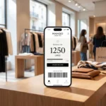 Smartphone affichant l'application du programme de fidélité Mango Likes You avec un solde de Likes, posé dans une boutique de vêtements.
